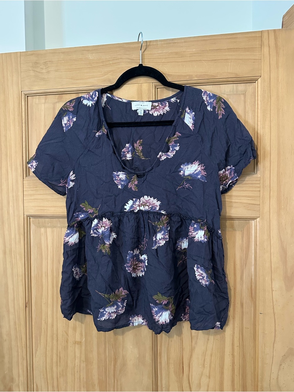 Lucky Brand Floral V-Neck Peplum Short Sleeve Top - Navy